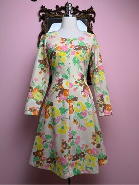 True Vintage 70s Sears Floral Pattern Flare Long Sleeve Dress 10